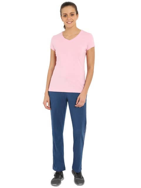 Women's Super Combed Cotton Elastane Stretch Regular Fit Solid V Neck Half Sleeve T-Shirt - Pink Lady Melange