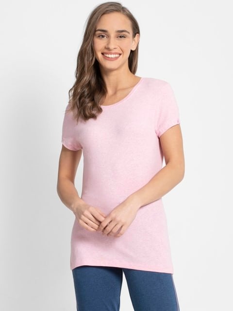 Women's Super Combed Cotton Elastane Stretch Regular Fit Solid Round Neck Half Sleeve T-Shirt - Pink Lady Melange
