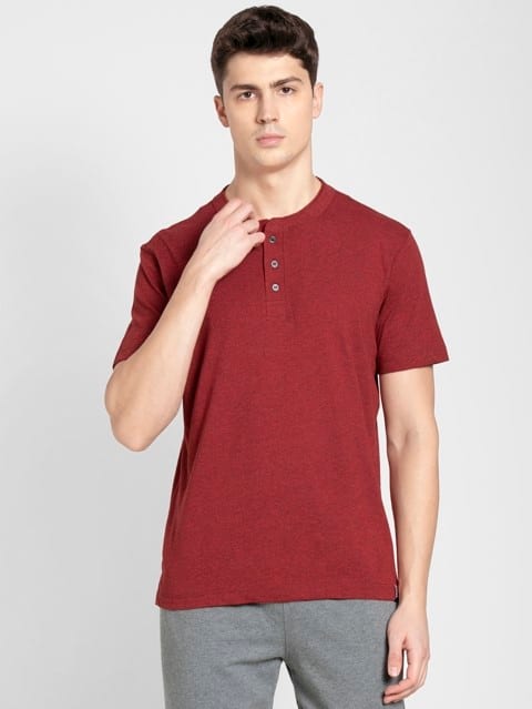 Red Melange Henley Half Sleeve T-Shirt