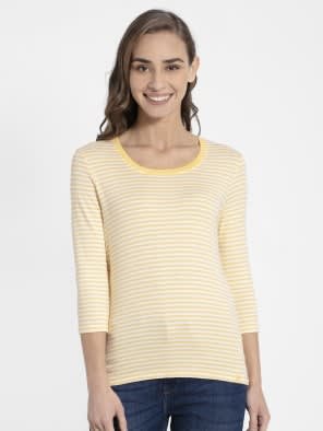Banana Cream & White Yarn Dyed Stripe 3/4 Sleeve T-Shirt