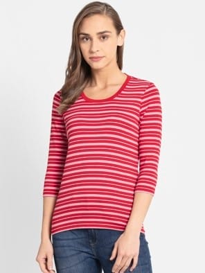Jester Red & White Yarn Dyed Stripe 3/4 Sleeve T-Shirt