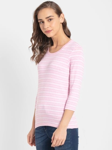 Pink Lady Melange & White Yarn Dyed Stripe 3/4 Sleeve T-Shirt