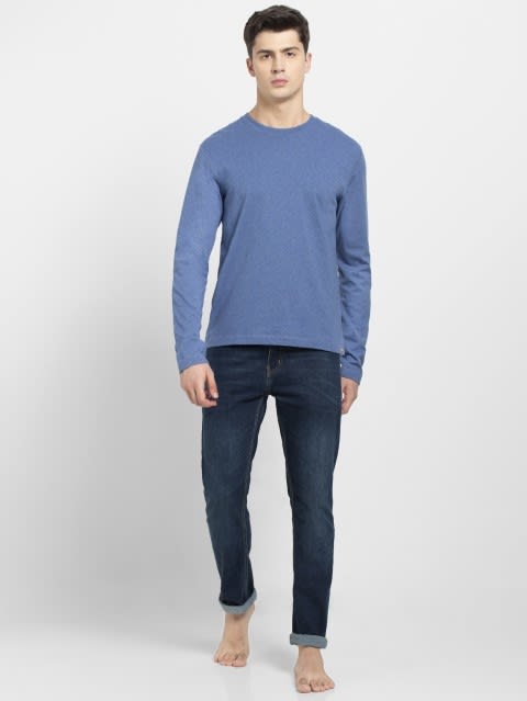 Men's Super Combed Cotton Rich Solid Round Neck Full Sleeve T-Shirt - Light Denim Melange