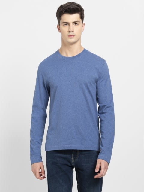 Men's Super Combed Cotton Rich Solid Round Neck Full Sleeve T-Shirt - Light Denim Melange