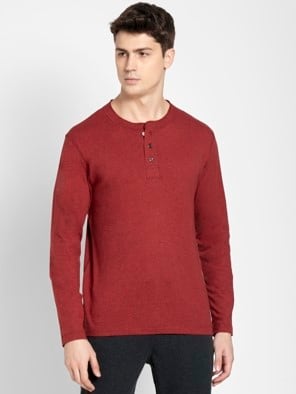 Red Melange Long Sleeve Henley T-Shirt