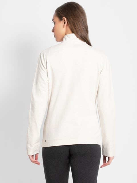 Women's Super Combed Cotton Elastane Stretch Full Zip High Neck Jacket With Convenient Front Pockets - Cream Melange