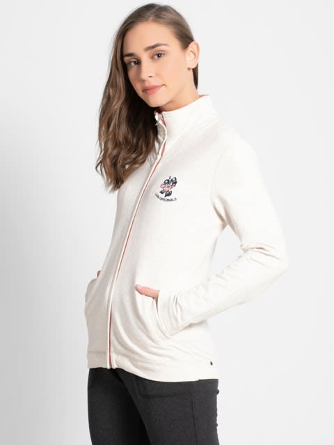 Women's Super Combed Cotton Elastane Stretch Full Zip High Neck Jacket With Convenient Front Pockets - Cream Melange