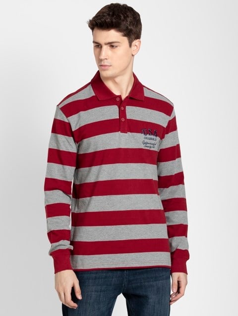 Men's Super Combed Cotton Striped Full Sleeve Polo T-Shirt - Deep Red & Grey Melange