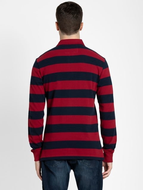 Men's Super Combed Cotton Striped Full Sleeve Polo T-Shirt - Deep Red & Navy