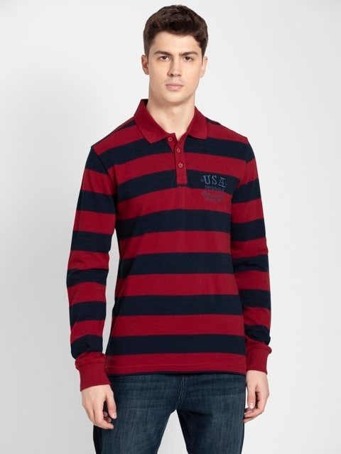 Men's Super Combed Cotton Striped Full Sleeve Polo T-Shirt - Deep Red & Navy