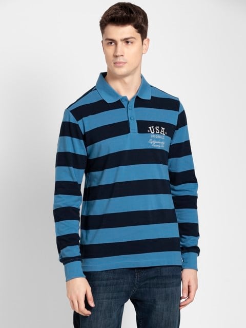 Men's Super Combed Cotton Striped Full Sleeve Polo T-Shirt - Parisian Blue & Navy
