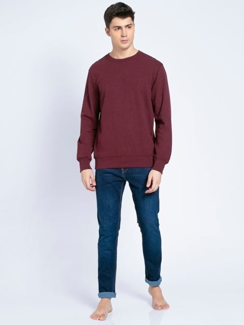 Men's Super Combed Cotton French Terry Solid Sweatshirt with Ribbed Cuffs - Burgundy Melange
