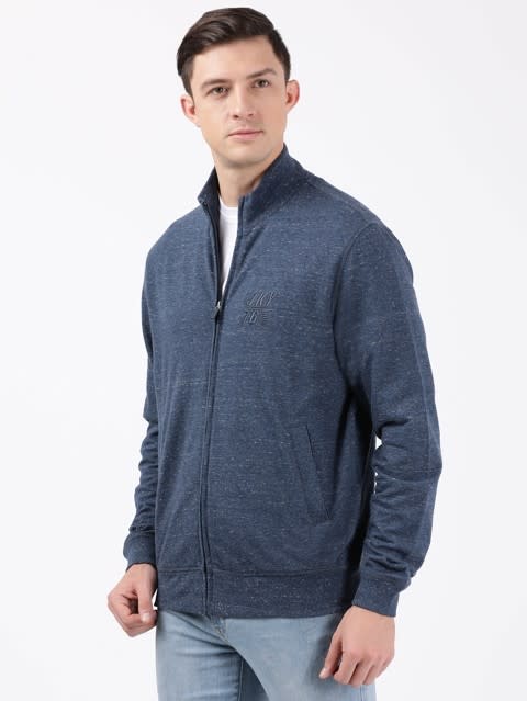 Men's Super Combed Cotton French Terry Jacket with Ribbed Cuffs and Convenient Side Pockets - Blue Snow Melange