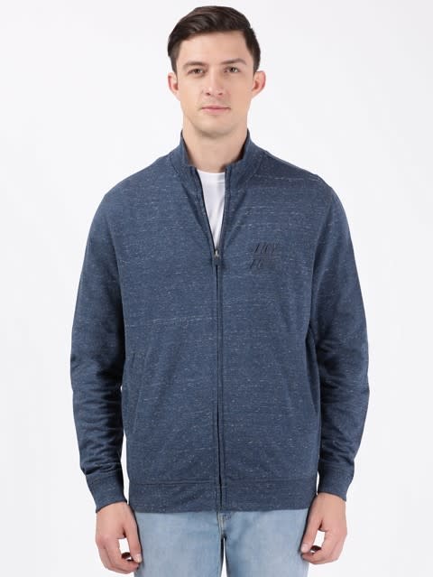 Men's Super Combed Cotton French Terry Jacket with Ribbed Cuffs and Convenient Side Pockets - Blue Snow Melange