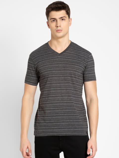 Striped V Neck Half Sleeve T-Shirt for Men - Black