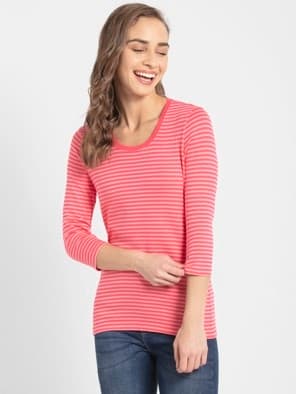 Rouge Red & Strawberry Pink Yarn Dyed Stripe 3/4 Sleeve T-Shirt