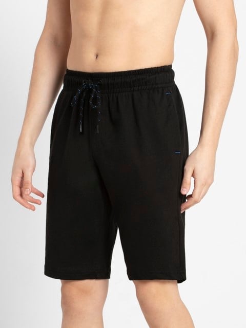 Men's Super Combed Cotton Elastane Stretch Straight Fit Solid Shorts with Side Pockets - Black