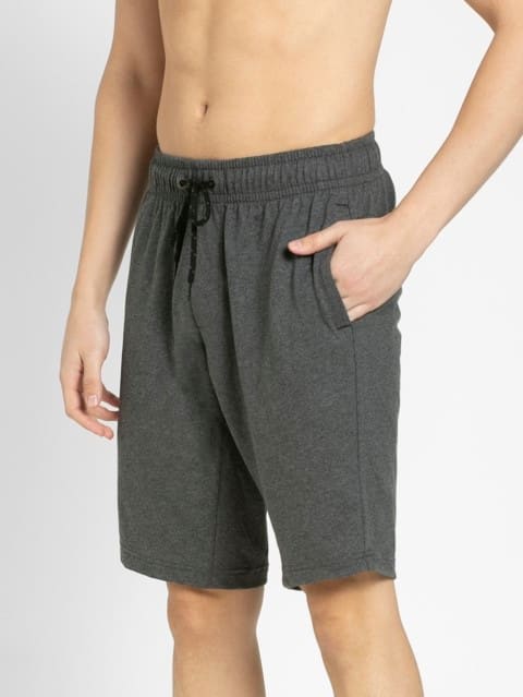 Men's Super Combed Cotton Elastane Stretch Straight Fit Solid Shorts with Side Pockets - Charcoal Melange