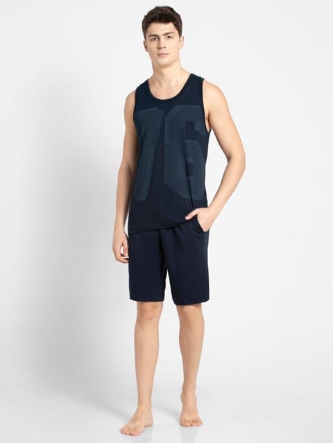 Men's Super Combed Cotton Elastane Stretch Straight Fit Solid Shorts with Side Pockets - Navy