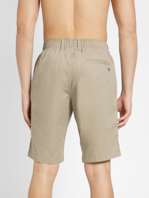 Men's Super Combed Mercerised Cotton Woven Fabric Straight Fit Solid Shorts with Side Pockets - Khaki