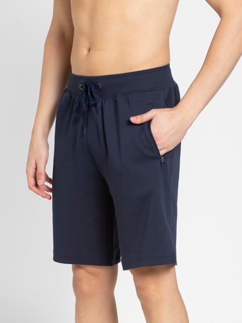 Men's Super Combed Cotton Rich Straight Fit Shorts with Zipper Pockets - Navy