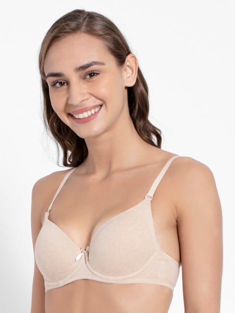 Women's Under-Wired Padded Super Combed Cotton Elastane Stretch Medium Coverage Multiway Styling T-Shirt Bra with Detachable Straps - Skin Melange
