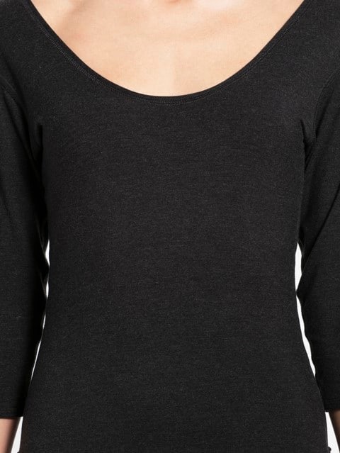Women's Soft Touch Microfiber Elastane Stretch Three Quarter Sleeve Thermal Top with Stay Warm Technology - Black