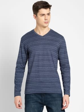 Super Combed Cotton Rich Striped V Neck Full Sleeve T-Shirt