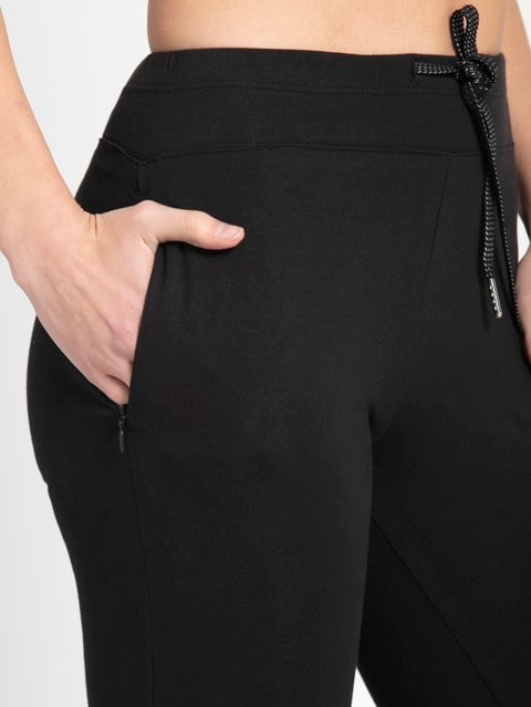 Women's Super Combed Cotton Elastane Stretch Yoga Pants with Side Zipper Pockets - Black