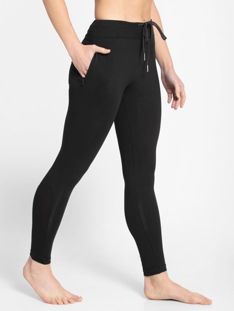 Women's Super Combed Cotton Elastane Stretch Yoga Pants with Side Zipper Pockets - Black