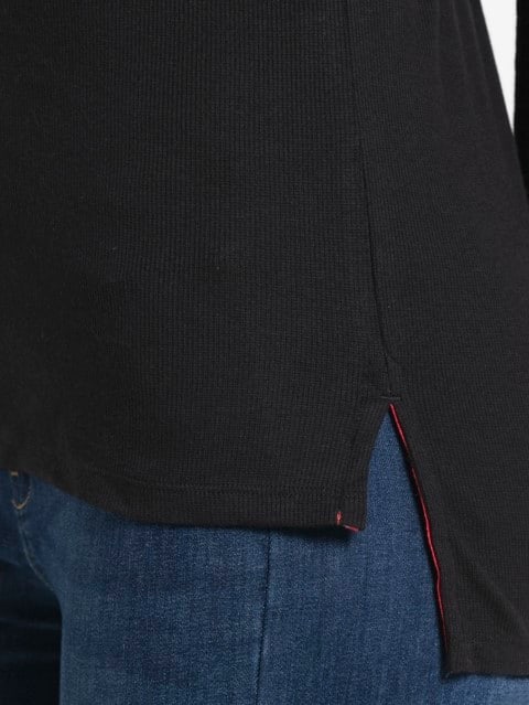 Women's Micro Modal Cotton Slim Fit Solid V Neck Henley Styled Full Sleeve T-Shirt - Black