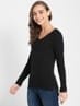 Women's Micro Modal Cotton Slim Fit Solid V Neck Henley Styled Full Sleeve T-Shirt - Black