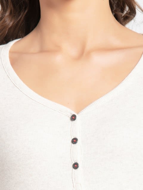 Women's Micro Modal Cotton Slim Fit Solid V Neck Henley Styled Full Sleeve T-Shirt - Cream Melange
