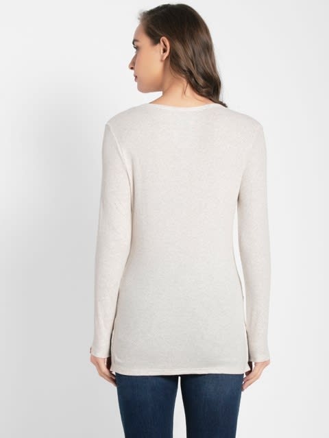 Women's Micro Modal Cotton Slim Fit Solid V Neck Henley Styled Full Sleeve T-Shirt - Cream Melange