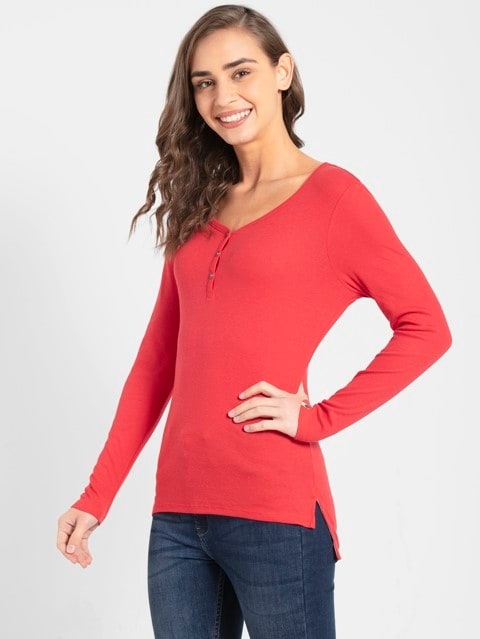 V Neck 3/4 Sleeve T-Shirt for Women - Hibiscus