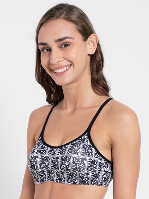 Women's Wirefree Non Padded Super Combed Cotton Elastane Stretch Printed Full Coverage Beginners Bra with Adjustable Straps - Black