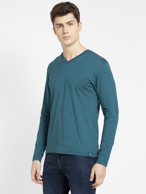 Men's Super Combed Supima Cotton Solid V Neck Full Sleeve T-Shirt - Blue Coral