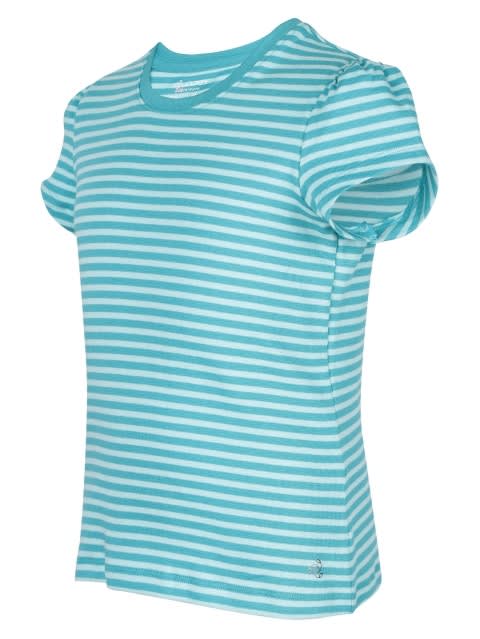 Girl's Super Combed Cotton Elastane Stretch Rib Fabric Striped Slim Fit Short Sleeve T-Shirt - Paradise Teal & Aqua Splash