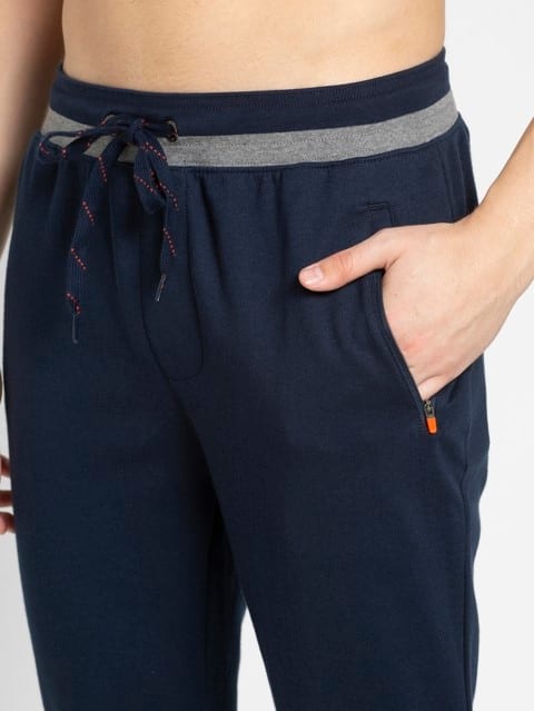 Men's Super Combed Cotton Rich Pique Fabric Slim Fit Joggers with Zipper Pockets - Navy