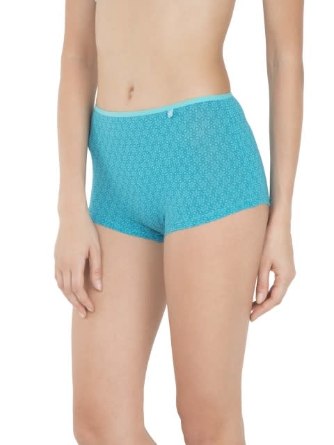 Women's High Coverage Super Combed Cotton Elastane Stretch Mid Waist Boy Shorts With Concealed Waistband and StayFresh Treatment - Jet Teal Print