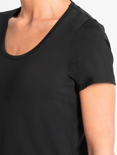 Women's Tactel Microfiber Elastane Stretch Relaxed Fit Solid Curved Hem Styled Half Sleeve T-Shirt with Stay Fresh Treatment - Black