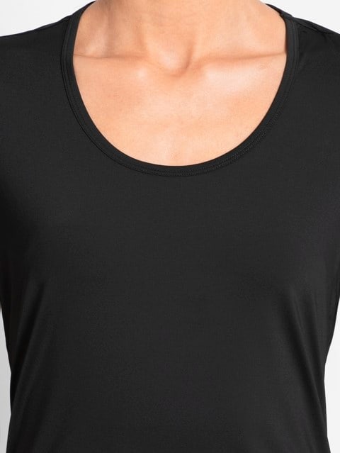 Women's Tactel Microfiber Elastane Stretch Relaxed Fit Solid Curved Hem Styled Half Sleeve T-Shirt with Stay Fresh Treatment - Black