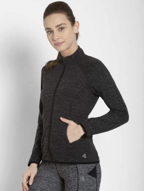 Women's Polyester Cotton Interlock Slim Fit Full Zip High Neck Jacket with Convenient Zipper Pockets - Black Snow Melange