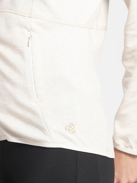 Women's Polyester Cotton Interlock Slim Fit Full Zip High Neck Jacket with Convenient Zipper Pockets - Cream Melange