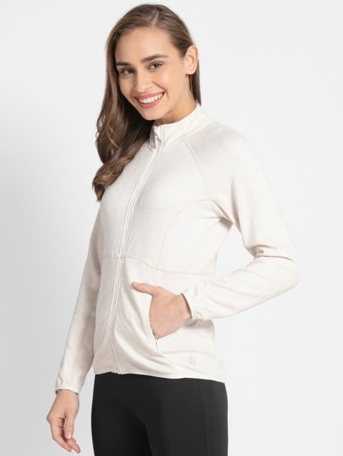 Women's Polyester Cotton Interlock Slim Fit Full Zip High Neck Jacket with Convenient Zipper Pockets - Cream Melange