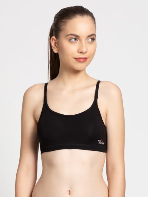 Women's Wirefree Padded Super Combed Cotton Elastane Stretch Full Coverage Uniform Bra with Detachable Straps - Black