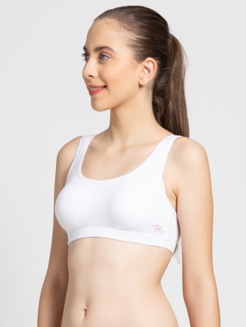 Women's Wirefree Padded Super Combed Cotton Elastane Stretch Full Coverage Slip-On Uniform Bra with Concealed Underband - White