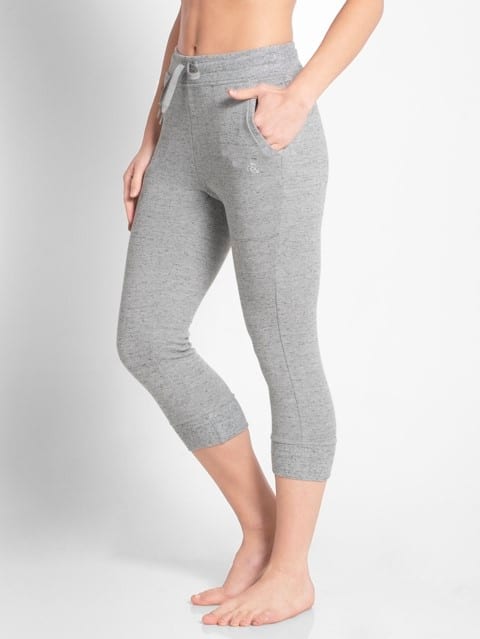 Capri Pants for Women with Side Pocket & Drawstring Closure - Grey Snow Melange