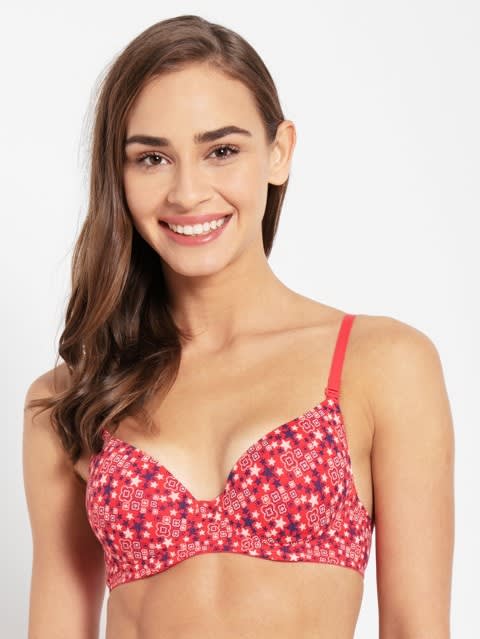 Women's Under-Wired Padded Super Combed Cotton Elastane Stretch Medium Coverage Printed T-Shirt Bra with Detachable Straps - Hibiscus