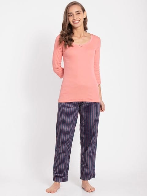 Women's Super Combed Cotton Woven Fabric Relaxed Fit Checkered Pyjama with Side Pockets - Classic Navy Assorted Checks